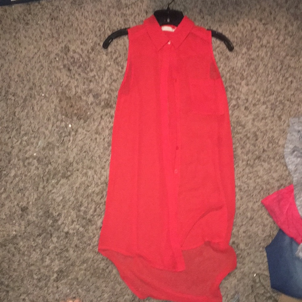 Red long button up tank top